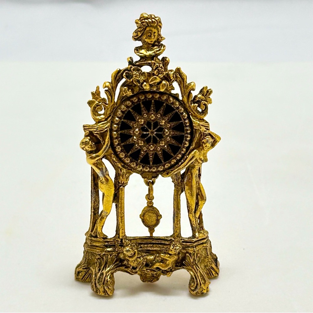 Dalsheim, 1930’s Large Gold Rococo Figural Clock Brooch, Figural, Cherubs, Nudes